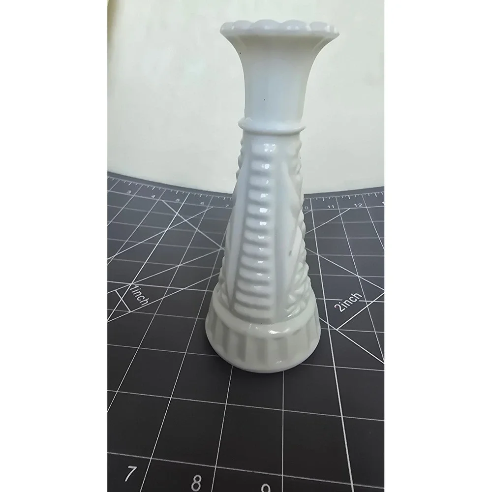 Vintage White Milk Glass Bud Vase Stars and Bars Pattern Scalloped Rim 6.25in